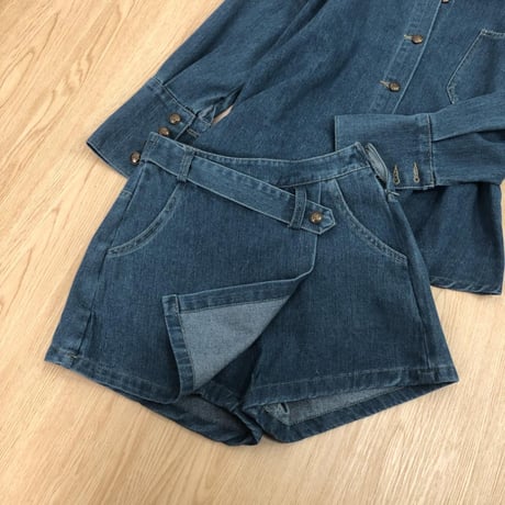 セットアップ 上下セット デニムシャツ デニムスカパン アシンメトリー アシメ ショートパンツ ハイウエスト 長袖 ルーズ レトロ 大人可愛い ガーリー カジュアル DTC-742722493272