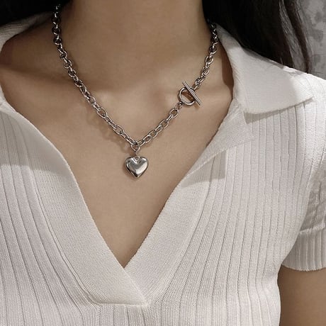 マンテル ハート ネックレス Tバー 太チェーン 金属アレルギー対応 レディース ペンダント アクセサリー チタンスチール シンプル DTC-623746272212