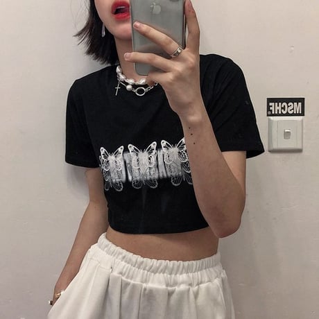 Tシャツ バタフライ柄 クロップド丈 ショート丈 半袖 へそ出し ブラック レトロ 韓国ファッション レディース 大人可愛い ガーリー カジュアル ストリート系 DTC-618248734673