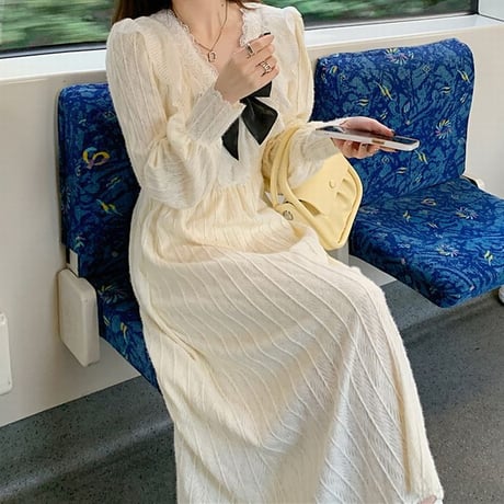 ワンピース リボン フリル 裏起毛 Vネック ハイウエスト ロング丈 Aライン 長袖 レトロ 韓国ファッション レディース 大人可愛い ガーリー フェミニン DTC-664791241864