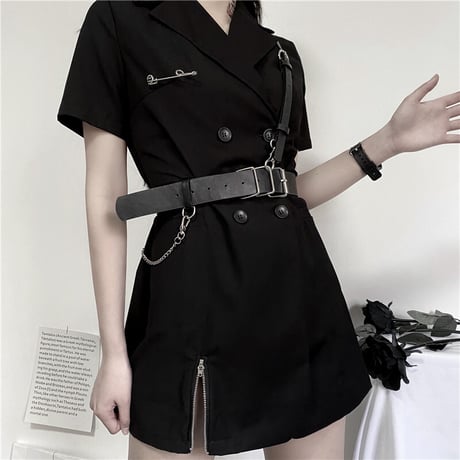 ベルト付き ワンピース シャツ 韓国ファッション レディース ダブルブレスト ハイウエスト ショート丈 シンプル ガーリー DTC-617702303491