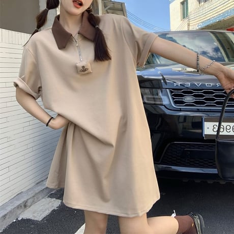 ポロワンピース ハーフジップ バックプリント 半袖 配色 POLOカラー ミニワンピース ハイウエスト レトロ 韓国ファッション レディース ガーリー カジュアル DTC-679716051631