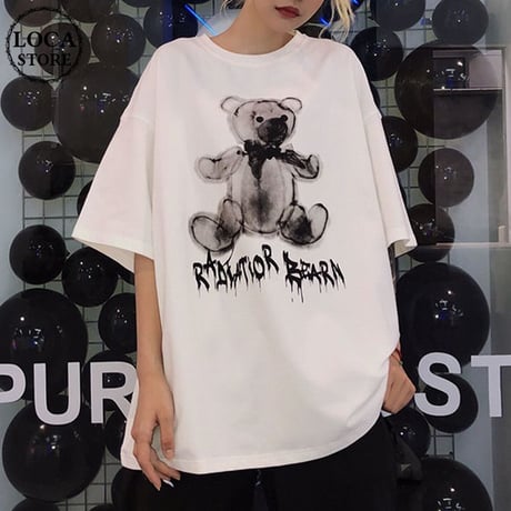 レディース 可愛いクマプリント Tシャツ ラウンドネック ゆったり 半袖 インスタ映え ストリート 韓国ファッション ホワイト ピンク (DCT-596953364679)