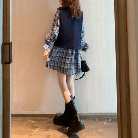 セットアップ チェック柄 シャツワンピース ロングシャツ 不規則 ベスト 長袖 ルーズ 韓国ファッション レディース 2点セット 大人可愛い ガーリー DTC-626058092111