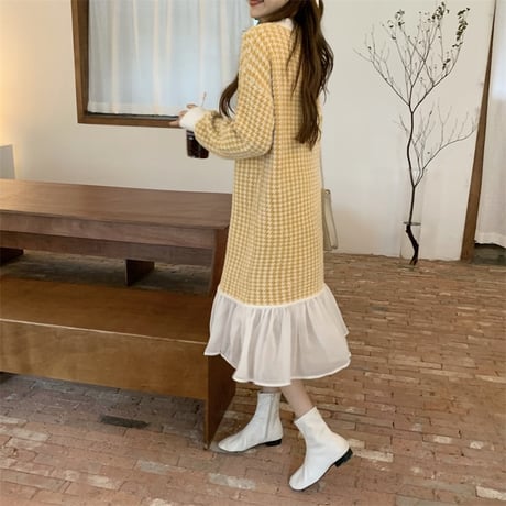 千鳥格子 ニットワンピース 裾フレア チェック柄 フィッシュテール ワンピース 長袖 ゆったり レトロ 韓国ファッション レディース 大人可愛い ガーリー DTC-656290162250