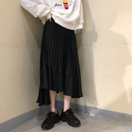 不規則デザイン プリーツスカート ミディアム丈 アシンメトリー 韓国ファッション レディース Aラインスカート アシメ ハイウエスト 大人可愛い ガーリー DTC-604528143206
