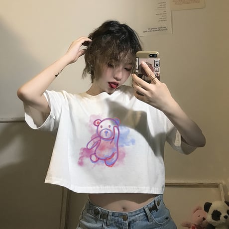 クマちゃん Tシャツ 半袖 ショート丈 ホワイト 韓国ファッション レディース ベアー 白 シンプル カットソー ラウンドネック かわいい カジュアル ガーリー 619021188402_wt
