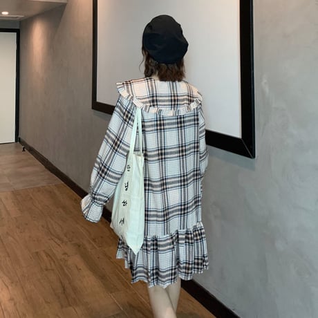 チェック柄 ワンピース フリル フロントボタン 韓国ファッション レディース シャツワンピース シングルブレスト 長袖 体型カバー 秋冬 秋 冬 (DTC-600797687356)