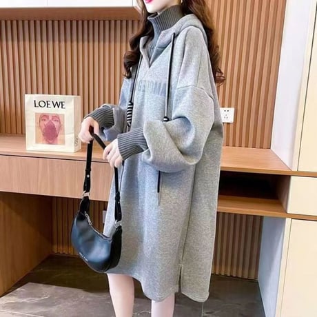 フェイクレイヤード パーカー プルオーバー 裏起毛 ロング丈 フード付き スウェット ワンピース ルーズ 長袖 秋 冬 レトロ 大人可愛い ガーリー カジュアル DTC-749423286319