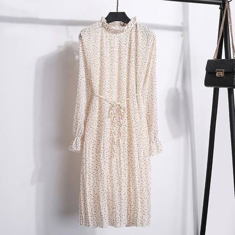 ワンピース ドット柄 プリーツスカート パフスリーブ Aライン 長袖 韓国ファッション レディース 春 秋 レトロ DTC-583615379700