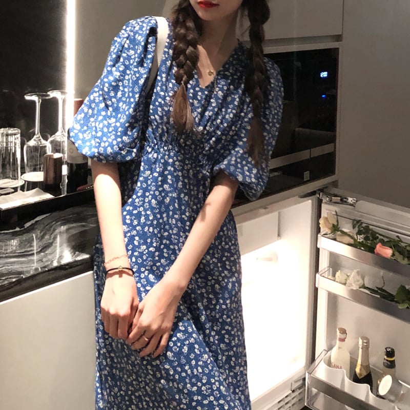 ワンピース 韓国 花柄 ロングドレス Vネック フロントボタン 花柄ワンピース Vネック パフ袖 薄い 小花柄 半袖 ハイウエスト