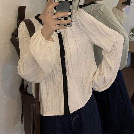 ノーカラー ブラウス シャツ パフスリーブ 長袖 レトロ 韓国ファッション レディース 大人可愛い ガーリー フェミニン DTC-666933822296