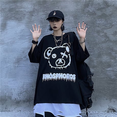 ユニセックス Tシャツ 半袖 メンズ レディース ラウンドネック クマちゃん ベアー プリント オーバーサイズ 大きいサイズ ルーズ ストリート TBN-620728922722