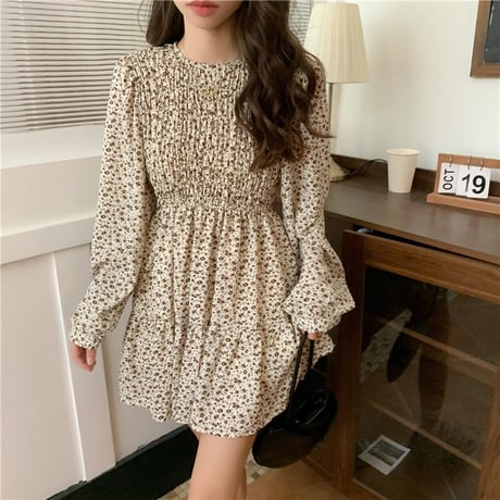 花柄 ワンピース 裾フリル ハイウエスト Aライン 長袖 レトロ 韓国ファッション レディース 大人可愛い ガーリー フェミニン DTC-652556002404