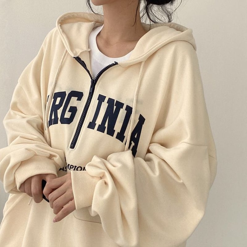 3カラー ハーフジップ パーカー ロゴプリント オーバーサイズ 裏起毛