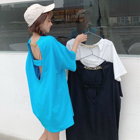 オープンバック Tシャツ チェーン 半袖 ルーズ ラウンドネック 韓国ファッション レディース 背中あき トップス 大きめ カジュアル ストリートファッション DTC-641641966535