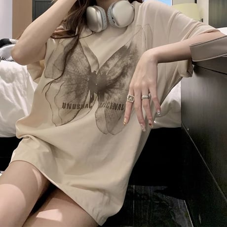 Tシャツ バタフライ オーバーサイズ クルーネック トップス 半袖 レトロ 韓国ファッション レディース 大人可愛い ガーリー カジュアル DTC-a770020975996