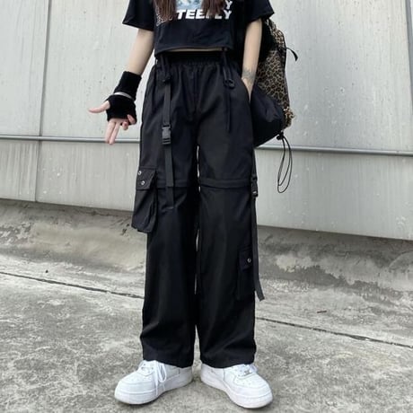 2WAY カーゴパンツ ワイドパンツ バックルベルト ストラップ ミリタリーパンツ アシンメトリー ウエストゴム 韓国ファッション レディース 大人可愛い ガーリー DTC-656242658198