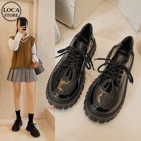 艶あり・艶なしの2タイプ展開！ ローファー 厚底 22.5～25.0cm レースアップ 厚底シューズ グロス ＆ マット 韓国ファッション レディース 美脚 DTC-666562762904
