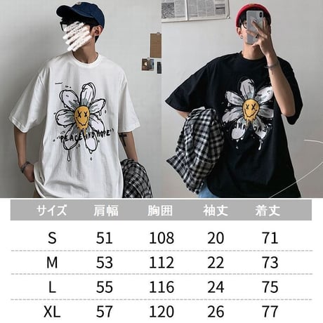 ユニセックス 半袖 Tシャツ メンズ レディース 落書き風 英字 フラワープリント オーバーサイズ 大きいサイズ ルーズ ストリート TBN-613570312634