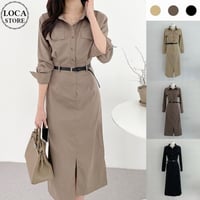 シャツワンピース ベルト付き スリット ハイウエスト 長袖 ミモレ丈 ワンピース レトロ 韓国ファッション レディース 大人可愛い ガーリー DTCA-745887328368