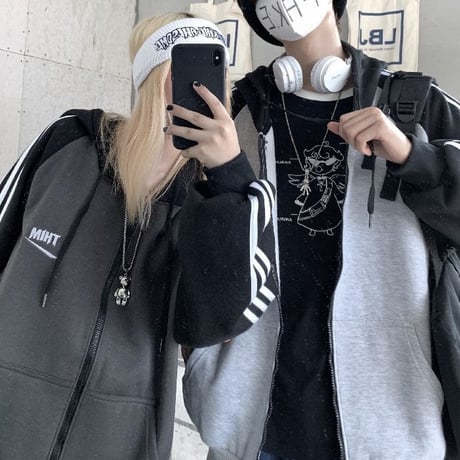 【3カラー】 ユニセックス パーカー ジップアップ バイカラー 裏起毛 ルーズ ライン入り 韓国ファッション メンズ レディース カジュアル ストリート系 DTC-627099735837