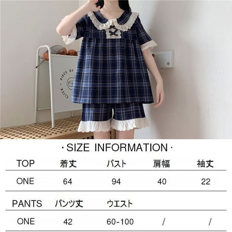 ルームウェア パジャマ セットアップ チェック柄 フリル トップス ショートパンツ 韓国ファッション レディース 上下セット 部屋着 ガーリー フェミニン DTC-639918013905_a