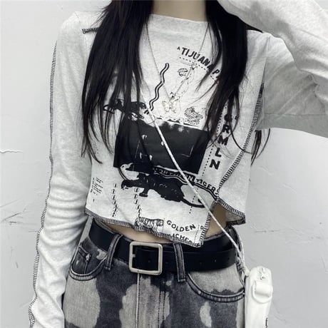 ロンT アシンメトリー ショート丈 スリムフィット 不規則デザイン アシメ tシャツ トップス 長袖 レトロ 大人可愛い ガーリー サブカル系 カジュアル DTCA-655976986014