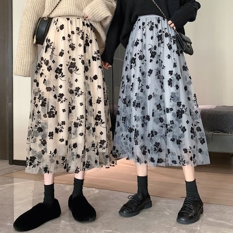 花柄チュールスカート レース ギャザー ロング丈 ハイウエスト ウエストゴム 韓国ファッション レディース プリーツスカート 大人可愛い ガーリー フェミニン DTC-632675803518
