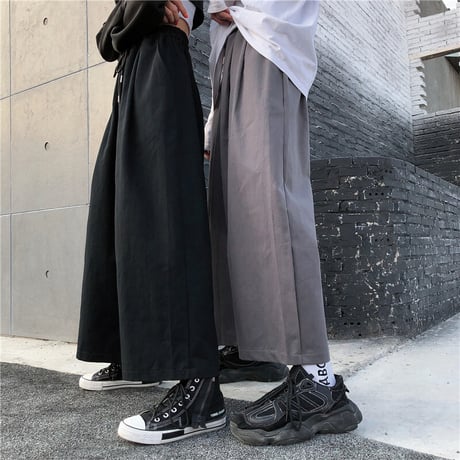 ユニセックス ワイドパンツ S M L XL ワイドレッグパンツ ウエスト紐 9分丈 ハイウエスト ゆったり 韓国ファッション メンズ レディース カジュアル DTC-638334168423
