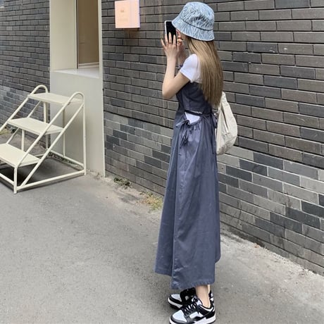 サイドオープン スリングワンピース リボン キャミワンピース ノースリーブ ハイウエスト ロング丈 韓国ファッション レディース 大人可愛い ガーリー フェミニン DTC-645910491886