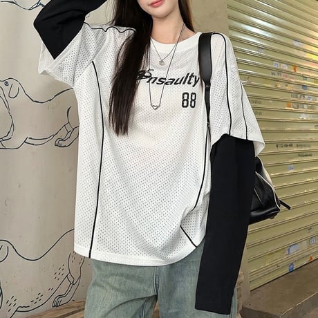 フェイクレイヤード Tシャツ 重ね着 ナンバー ロンT オーバーサイズ トップス 長袖 レトロ 韓国ファッション レディース 大人可愛い ガーリー スポーツミックス DTC-818770841972