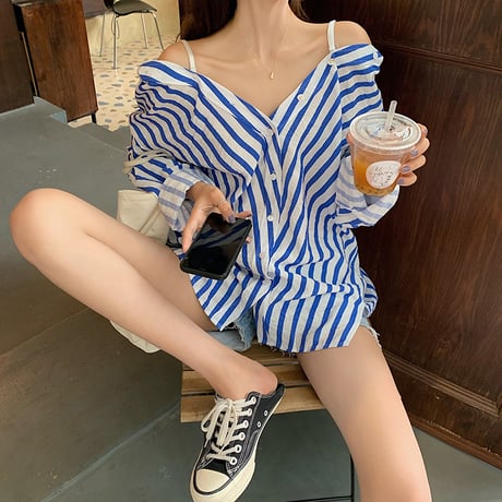 ストライプ柄 シャツ ブラウス オフショルダー 長袖 韓国ファッション レディース 折り襟 ルーズ かわいい ガーリー (DTC-624283952292)