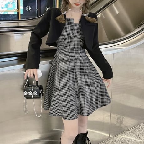 セットアップ ショートジャケット チェック柄 スリングワンピース キャミワンピース ハイウエスト 韓国ファッション 2点セット 大人可愛い ガーリー フェミニン DTC-655756458476