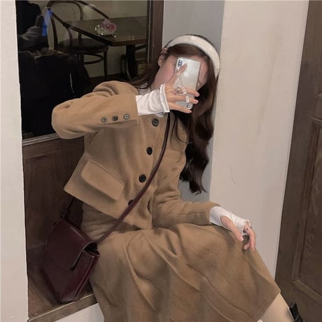 セットアップ ウール ショートジャケット プリーツロングスカート プリーツスカート ハイウエスト レトロ 韓国ファッション レディース 大人可愛い ガーリー DTC-634352550318