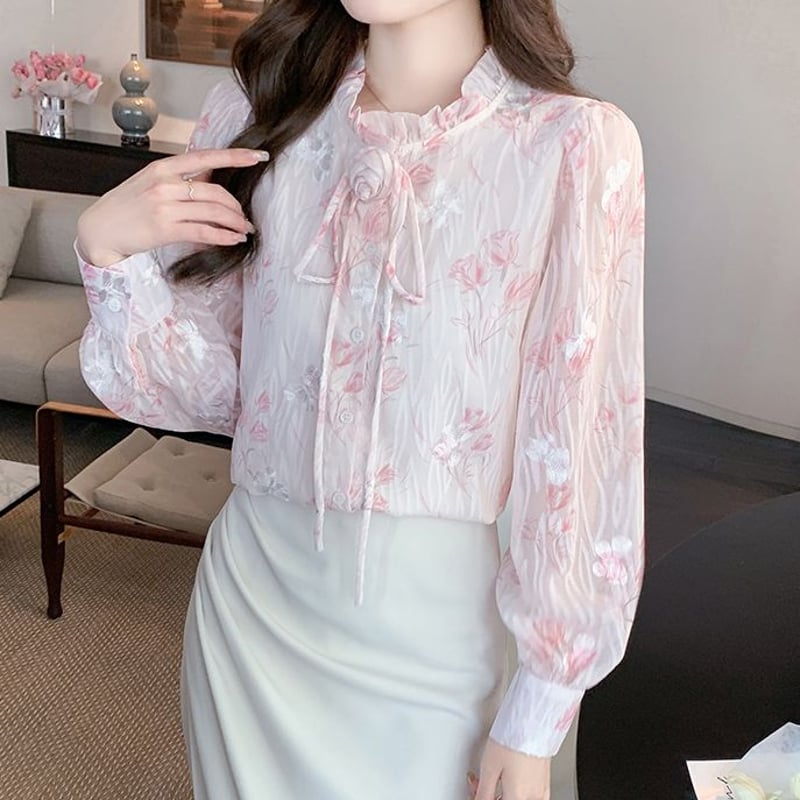 花柄 ブラウス ランタンスリーブ シフォン フリルネック