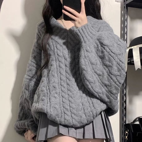 ニット Vネック ケーブル編み プルオーバー オーバーサイズ セーター トップス ゆったり レトロ 韓国ファッション レディース 大人可愛い ガーリー カジュアル DTC-692025027187