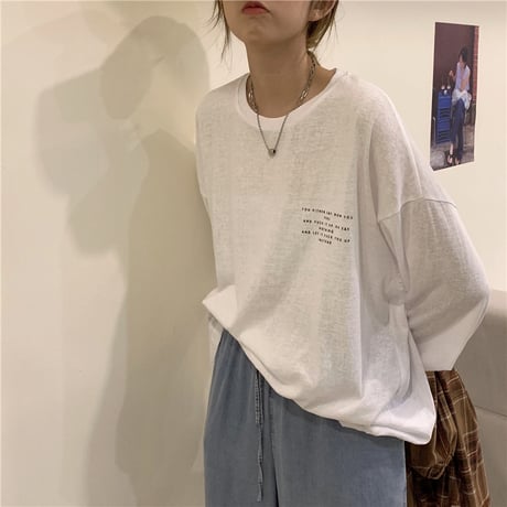 Tシャツ 2カラー 長袖 ルーズ 韓国ファッション レディース トップス 英字プリント シンプル ラウンドネック オーバーサイズ カジュアル かわいい 626233161455