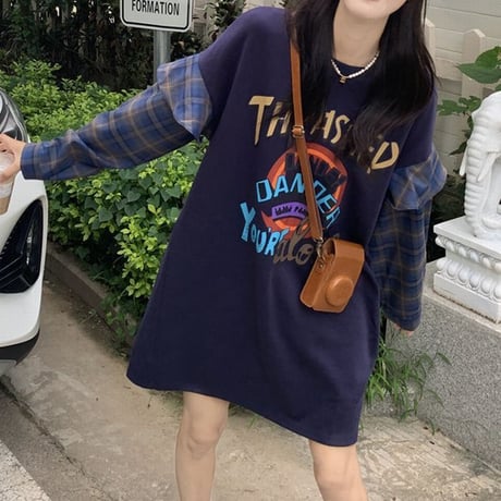 重ね着風 トップス フェイクレイヤード Tシャツ 切替 チェック柄 長袖 韓国ファッション レディース 大人可愛い ガーリー カジュアル ストリートファッション DTC-682533529922
