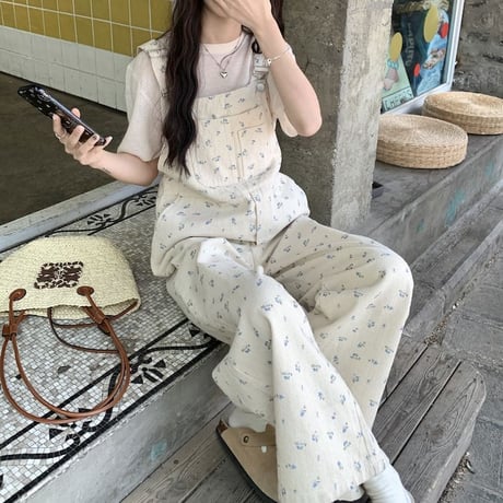 小花柄 デニム サロペット オーバーオール ハイウエスト ルーズ レトロ 韓国ファッション レディース 大人可愛い ガーリー DTC-776528524454