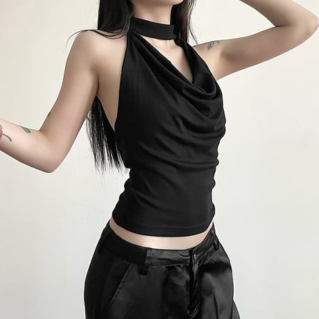 オープンバック ノースリーブ トップス ホルターネック タンクトップ バックオープン バックレス 背中開き tシャツ スリムフィット レトロ 大人可愛い ガーリー DTCA-888244191236