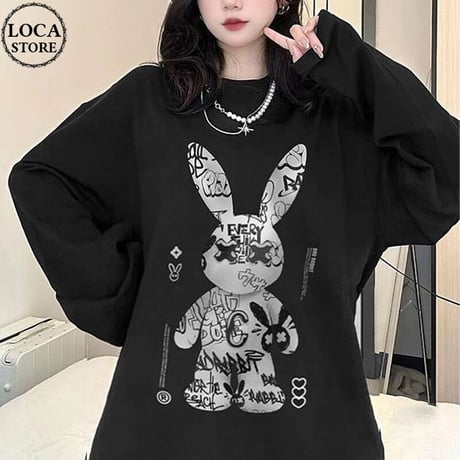 ユニセックス Tシャツ 長袖 BADRABBIT ウサギ オーバーサイズ ロンT 韓国ファッション メンズ レディース カジュアル 韓国ストリートファッション DTC-734042546269