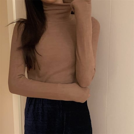 スリムフィット ハイネック カットソー 裏起毛 韓国ファッション レディース タートルネック タイト 長袖 Tシャツ 無地 レトロ (DTC-609008831719)