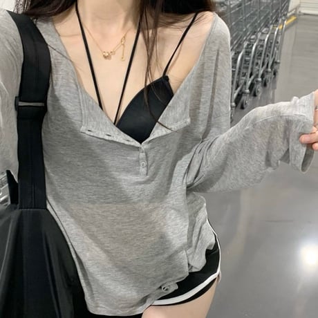 2点セット tシャツ ホルターネック キャミソール フロントボタン 薄手 オーバーサイズ トップス 長袖 レトロ 韓国ファッション レディース 大人可愛い ガーリー DTC-705063752334