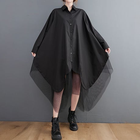ロングシャツ シャツワンピース チュール シャツ ワンピース アシンメトリー ルーズ 長袖 レトロ 韓国ファッション レディース 大人可愛い ガーリー DTC-653970172988