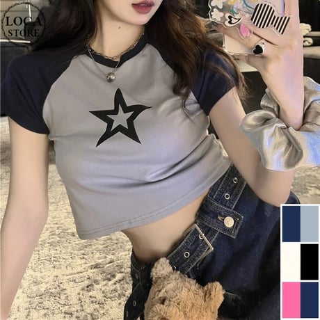 【3カラー】 クロップド丈 Tシャツ スター 星 ラグランスリーブ スリムフィット へそ出し 半袖 レトロ 韓国ファッション レディース 大人可愛い ガーリー DTC-786257392285