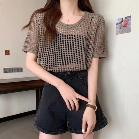 サマーニット メッシュ トップス プルオーバー tシャツ 透かし編み クルーネック ショート丈 レイヤードトップス 半袖 レトロ 大人可愛い ガーリー カジュアル DTCA-676945045996