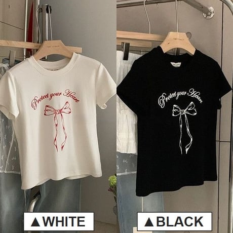 リボンプリント Tシャツ 半袖 クルーネック トップス レタープリント シンプル ルーズ レトロ 大人可愛い ガーリー カジュアル DTCA-775047425133