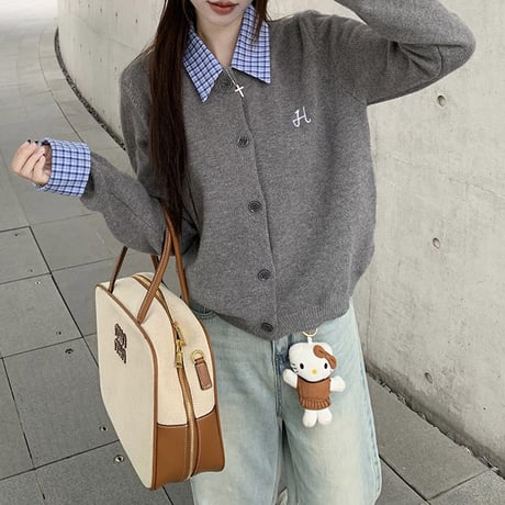 フェイクレイヤード ニット トップス チェック柄 刺繍ロゴ トップス 長袖 レトロ 韓国ファッション レディース 大人可愛い ガーリー DTCA-833712372783