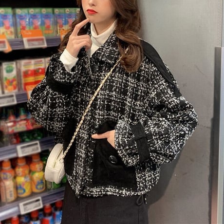ツイードジャケット ブルゾン ツイード チェック柄 アウター 異素材 長袖 ルーズ レトロ 韓国ファッション レディース 大人可愛い ガーリー DTC-655972858919